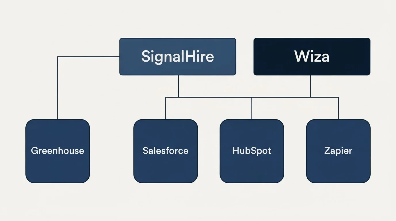 Integration grid: Integration Ecosystem (SignalHire, Wiza, Salesforce, HubSpot)