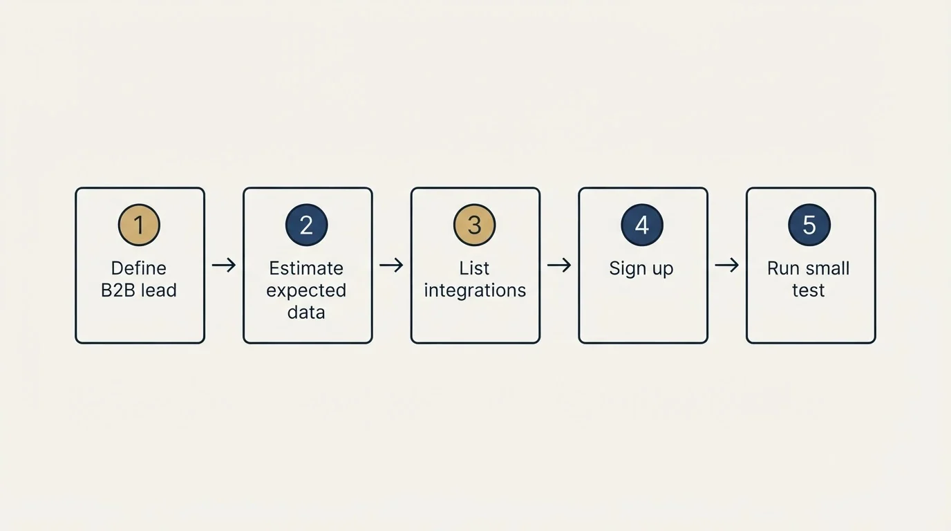 Step sequence: Getting Started Checklist (Define B2B lead, Estimate expected data, List integrations, Sign up)