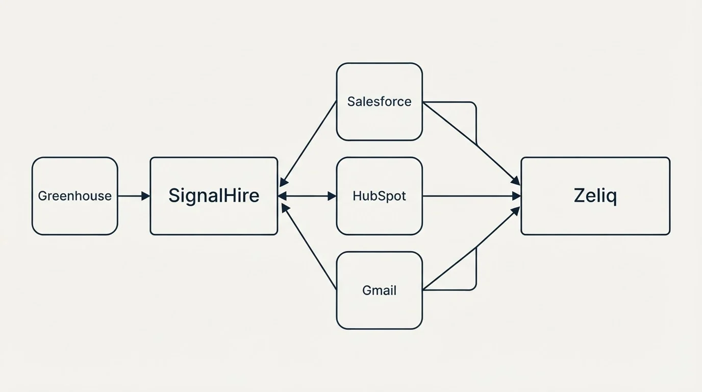 Integration schematic: Integration Ecosystem (SignalHire, Zeliq, Salesforce, HubSpot)