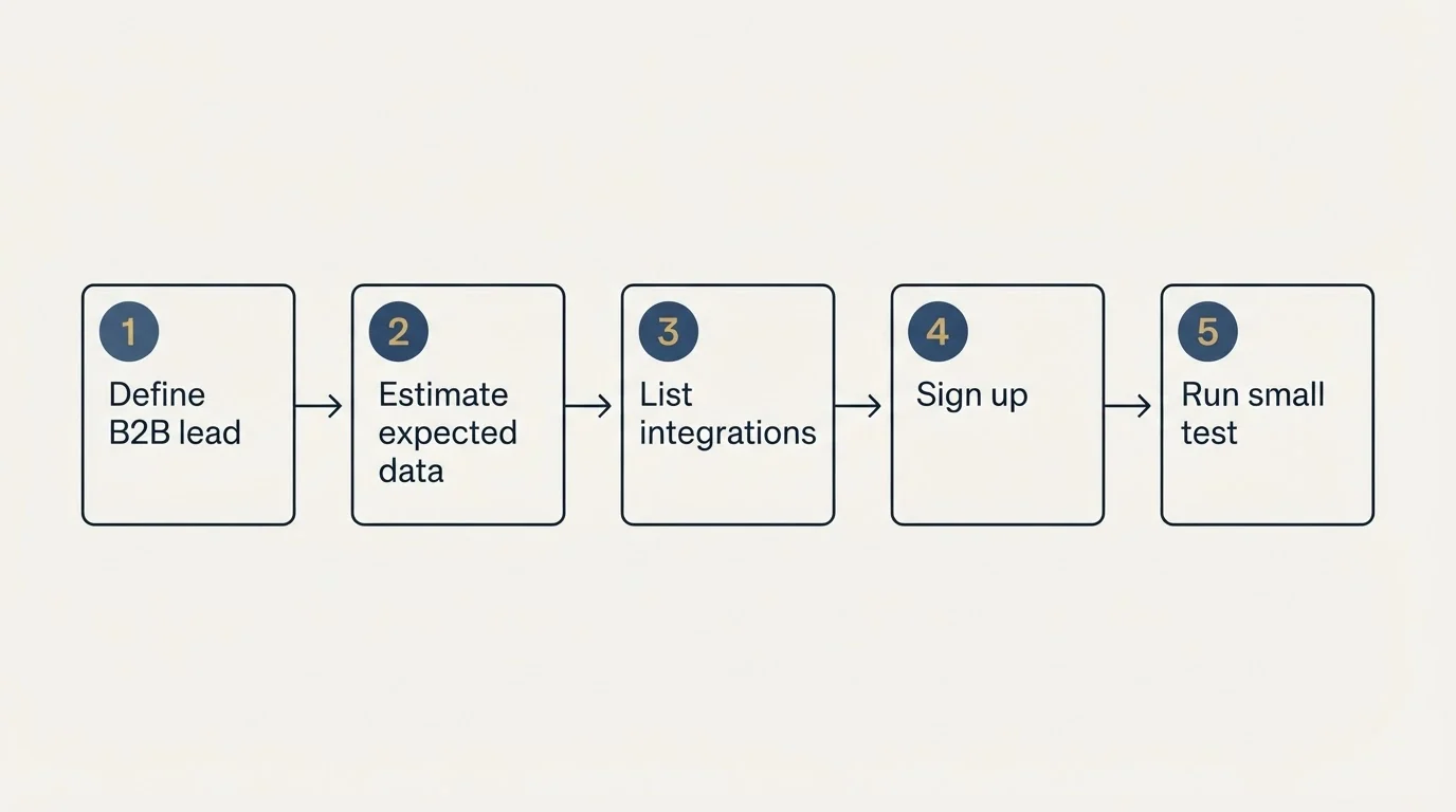 Step sequence: Getting Started Checklist (Define B2B lead, Estimate expected data, List integrations, Sign up)