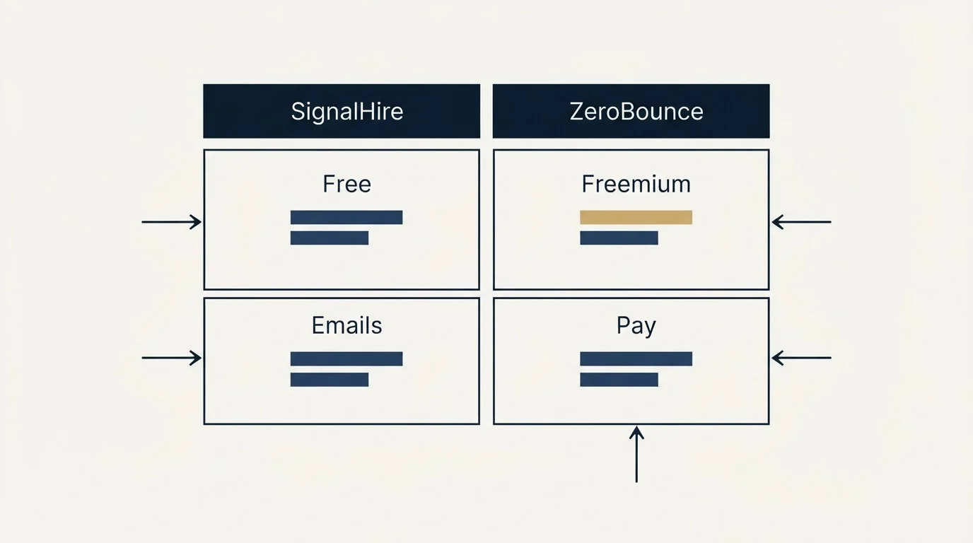 Pricing table: Pricing Comparison (SignalHire, ZeroBounce, Free, Freemium)
