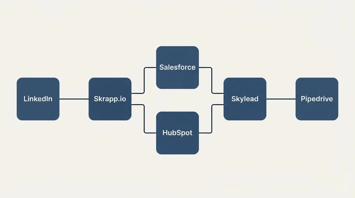 Integration flow: Integration Ecosystem (Skrapp.io, Skylead, Salesforce, HubSpot)