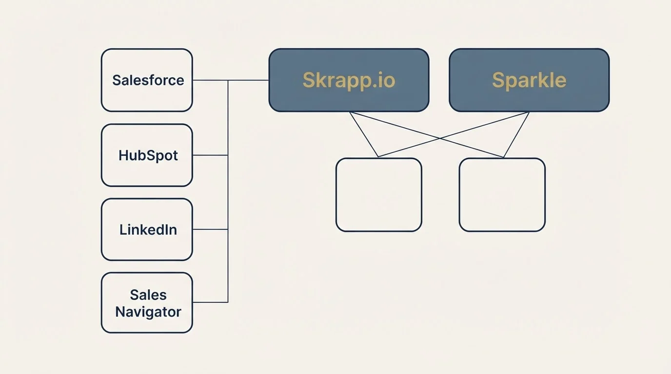 Integration grid: Integration Ecosystem (Skrapp.io, Sparkle, Salesforce, HubSpot)