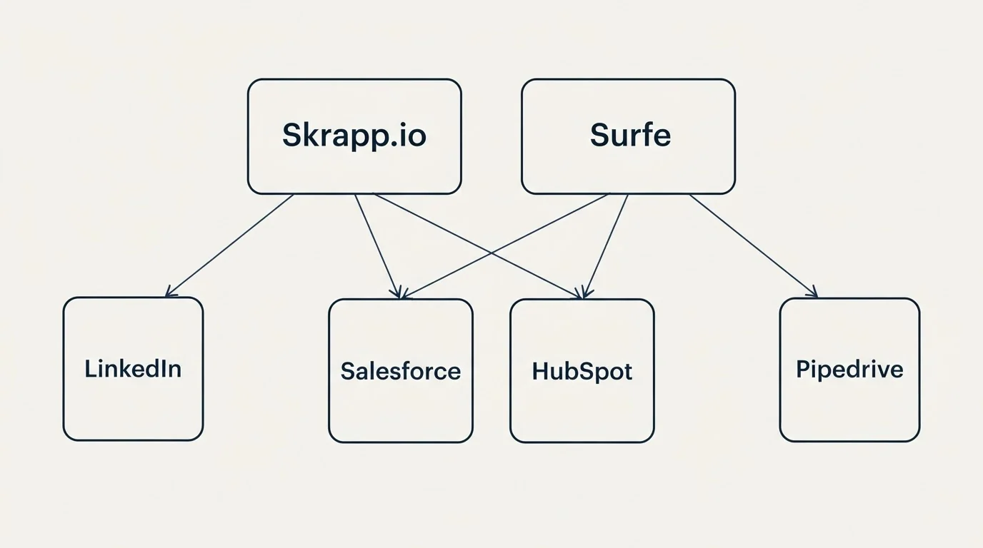 Integration grid: Integration Ecosystem (Skrapp.io, Surfe, Salesforce, HubSpot)