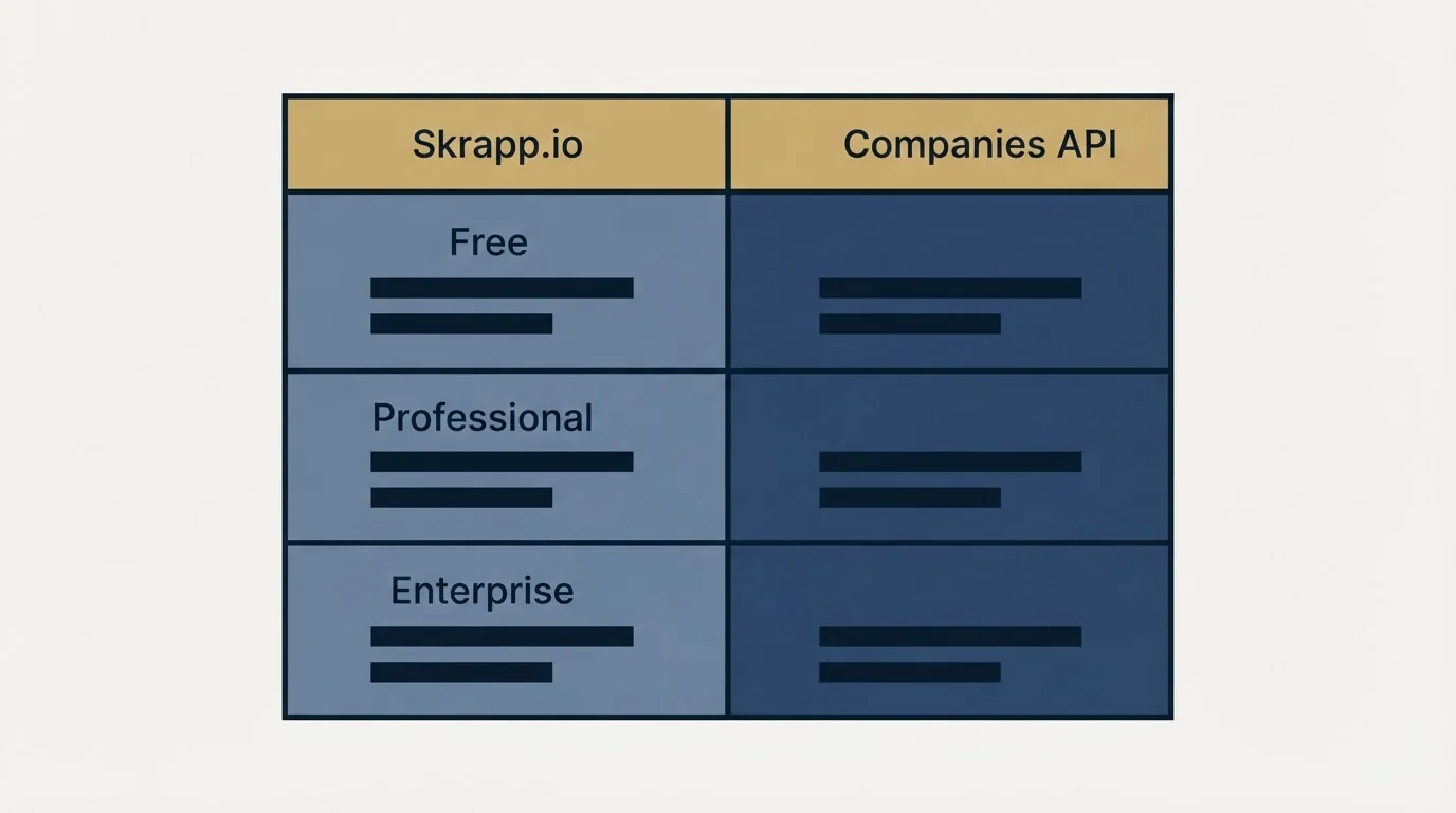 Pricing table: Pricing Comparison (Skrapp.io, Companies API, Free, Professional)