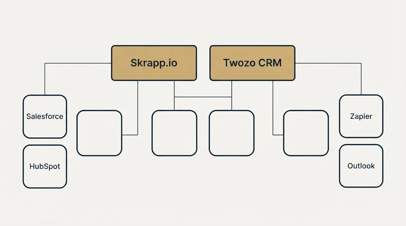 Integration grid: Integration Ecosystem (Skrapp.io, Twozo CRM, Salesforce, Zapier)