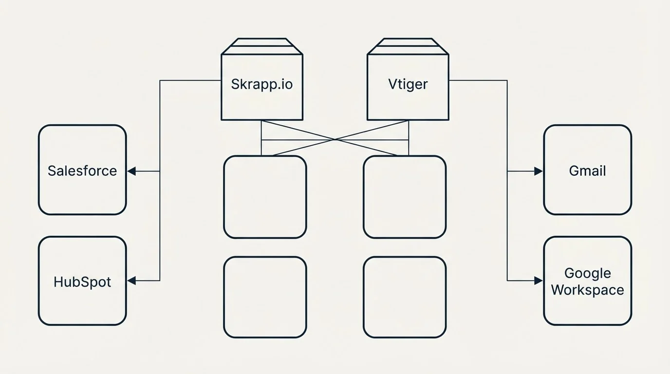 Integration grid: Integration Ecosystem (Skrapp.io, Vtiger, Salesforce, Gmail)
