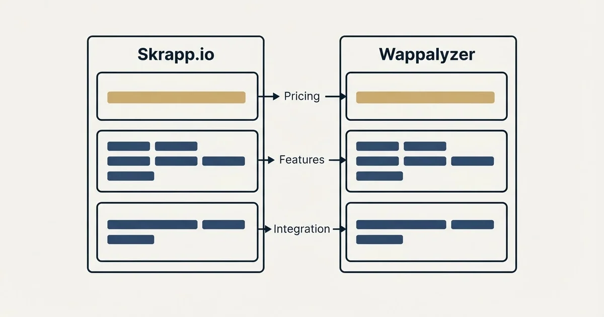 Comparison panel: Skrapp.io vs Wappalyzer (Pricing, Features, Integration)