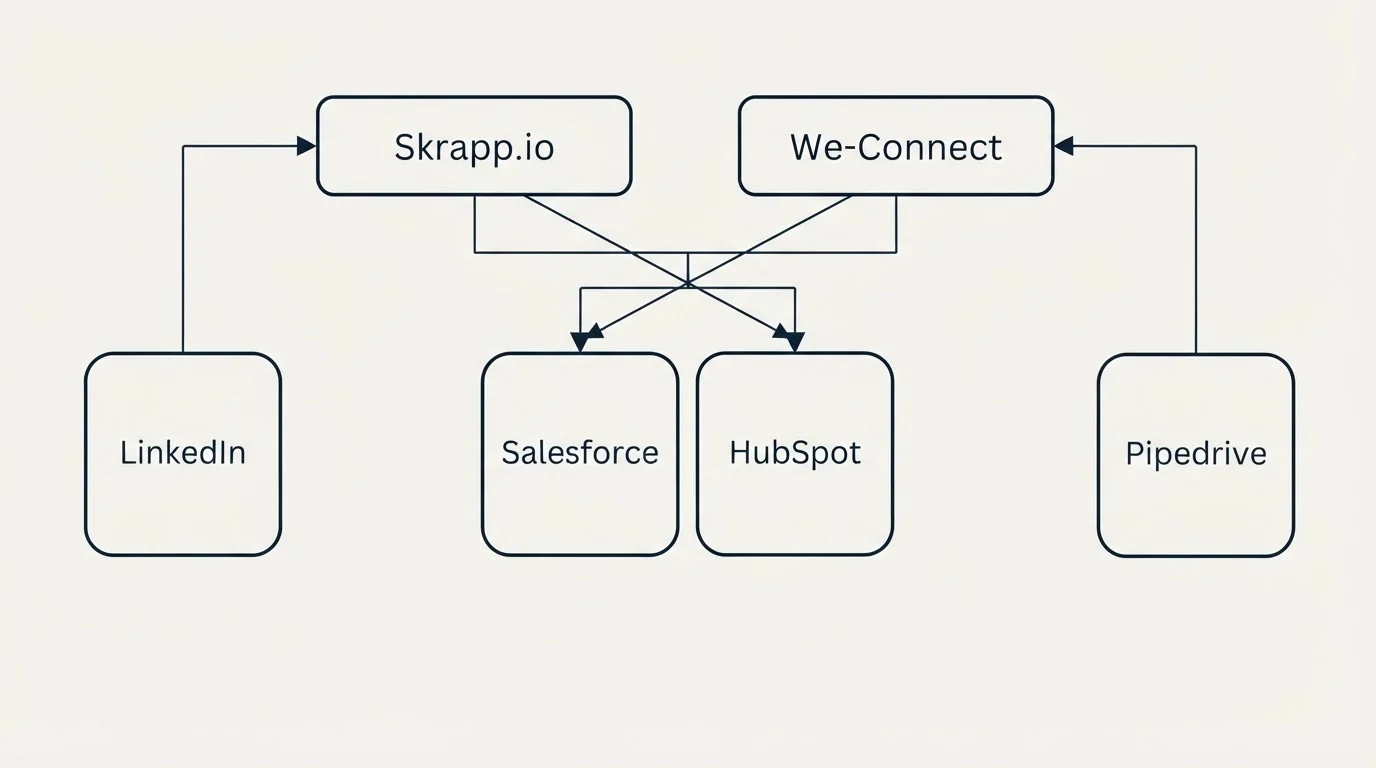 Integration grid: Integration Ecosystem (Skrapp.io, We-Connect, Salesforce, HubSpot)