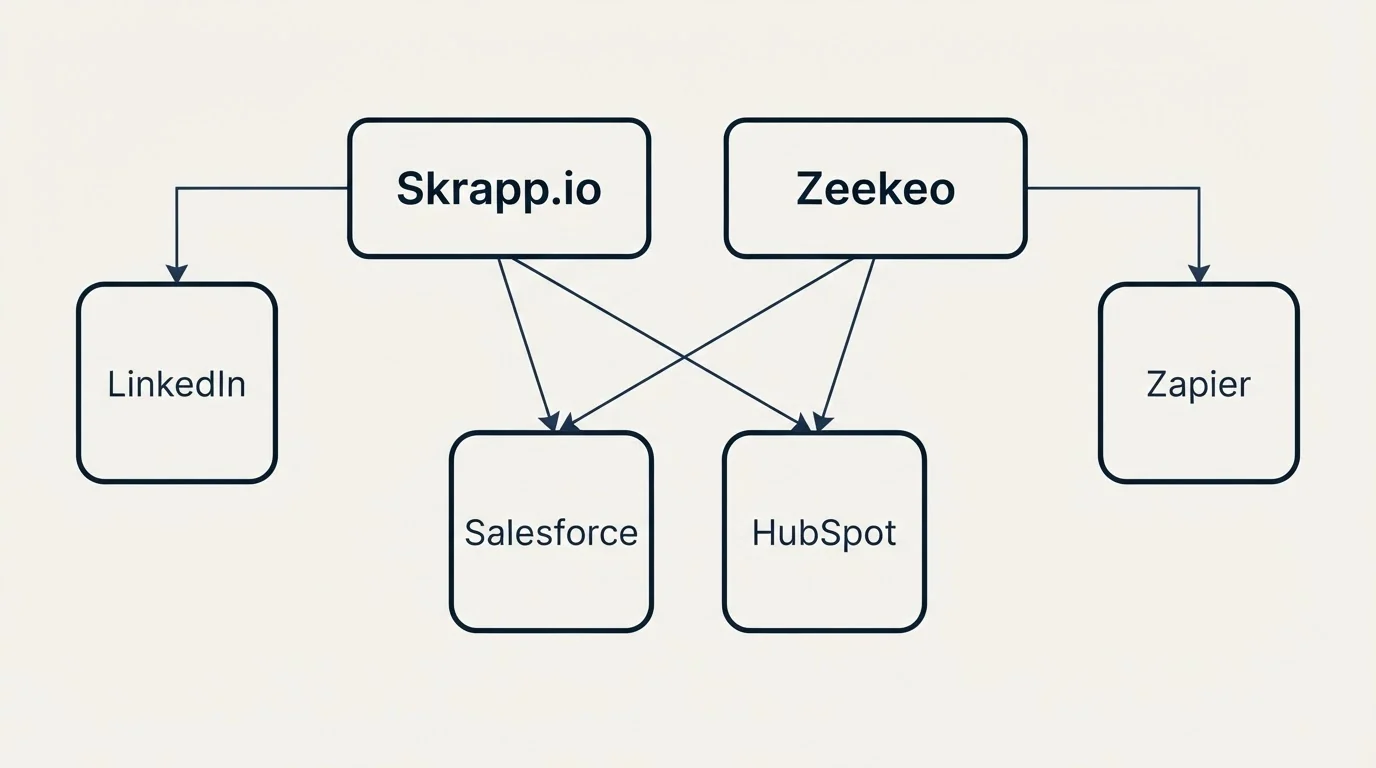 Integration grid: Integration Ecosystem (Skrapp.io, Zeekeo, Salesforce, HubSpot)