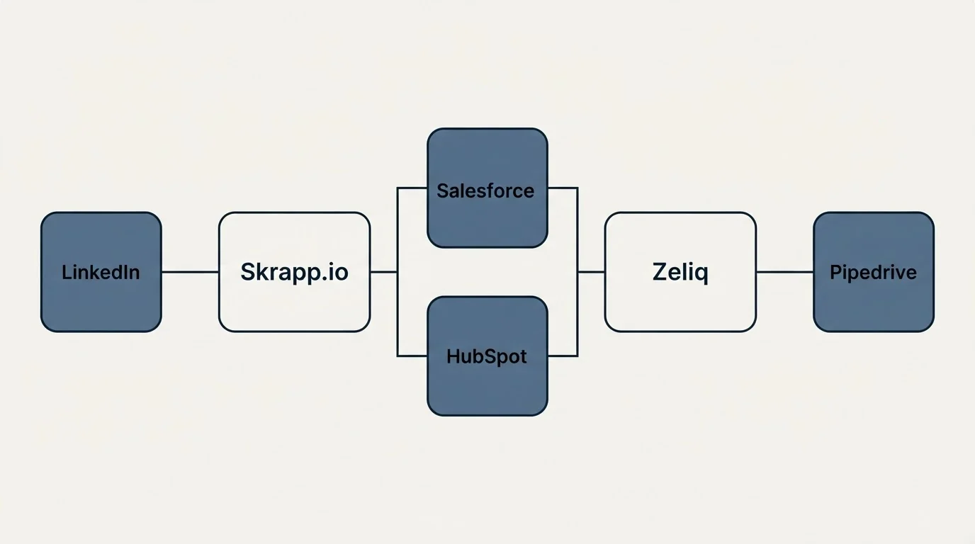 Integration flow: Integration Ecosystem (Skrapp.io, Zeliq, Salesforce, HubSpot)