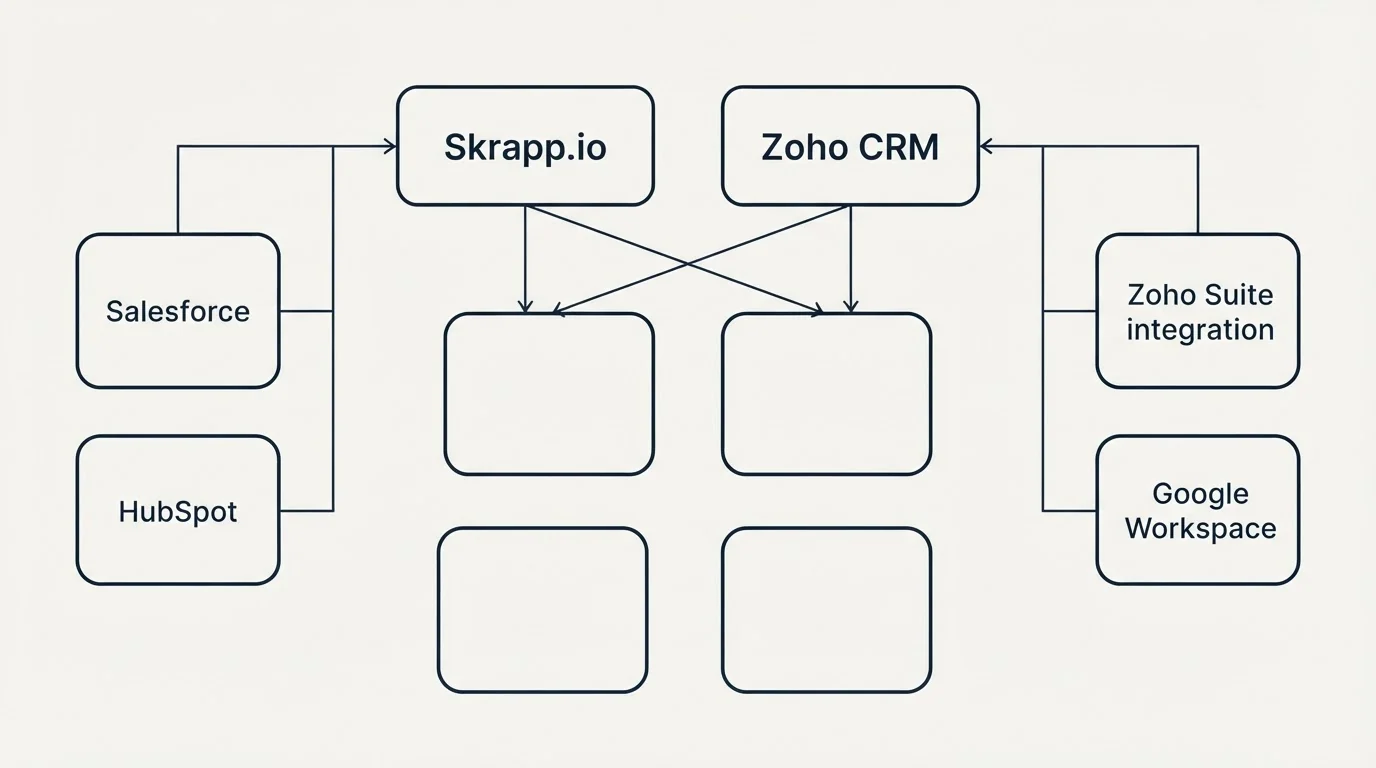 Integration grid: Integration Ecosystem (Skrapp.io, Zoho CRM, Salesforce, Zoho Suite integration)