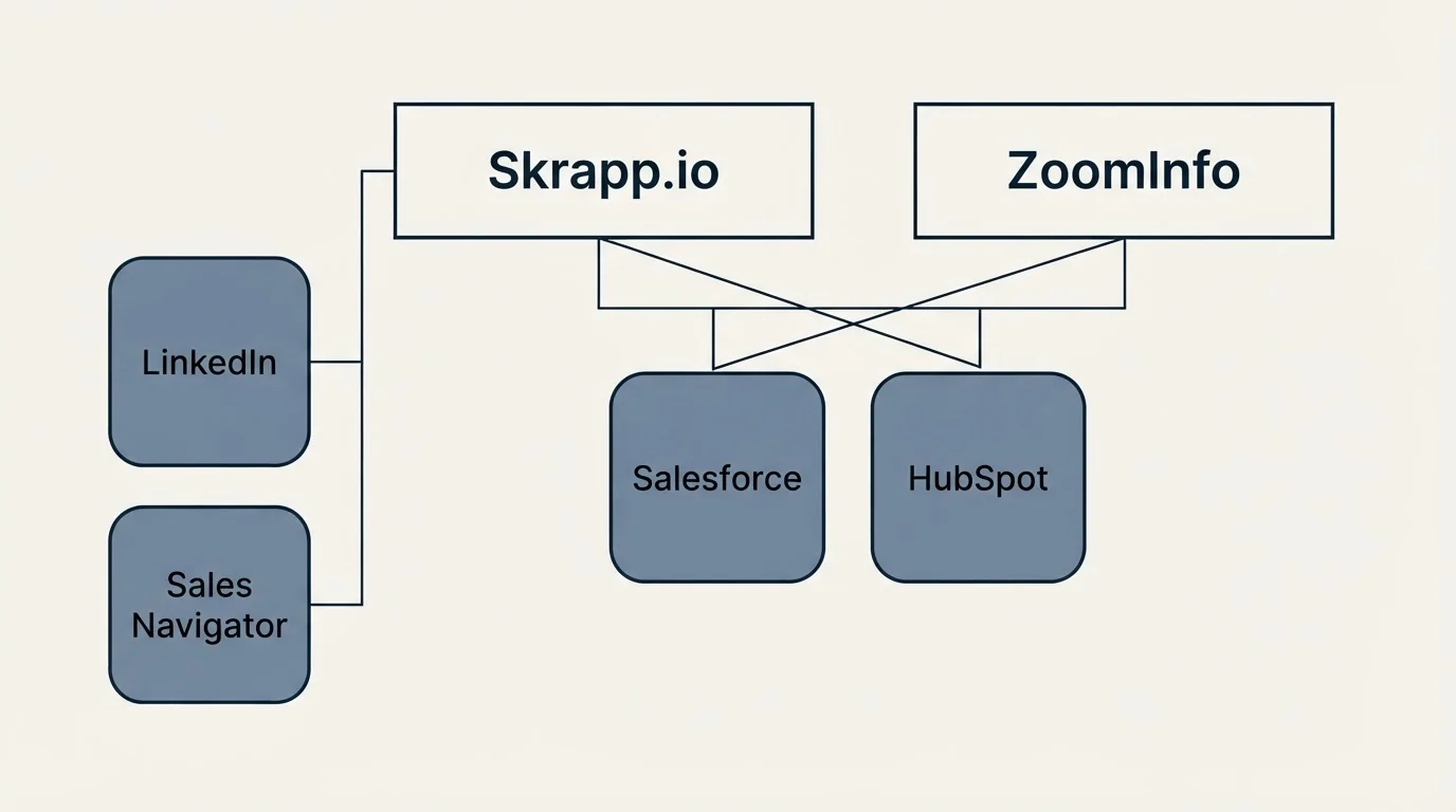Integration grid: Integration Ecosystem (Skrapp.io, ZoomInfo, Salesforce, HubSpot)