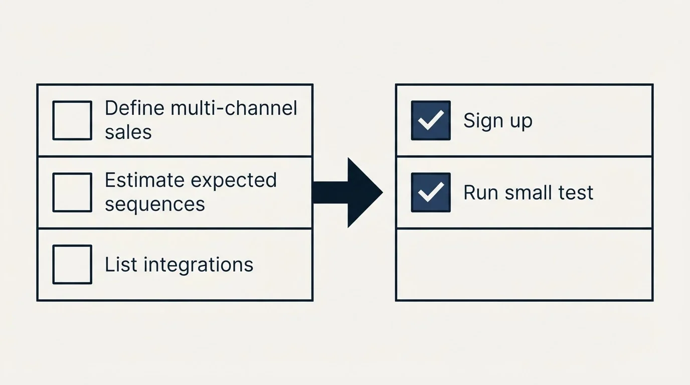 Before-and-after steps: Getting Started Checklist (Define multi-channel sales, Estimate expected sequences, List integrations, Sign up)
