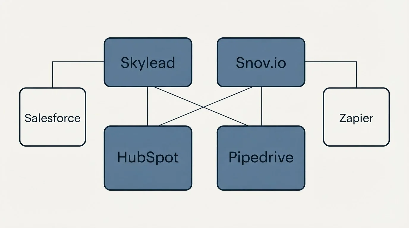 Integration grid: Integration Ecosystem (Skylead, Snov.io, HubSpot, Pipedrive)