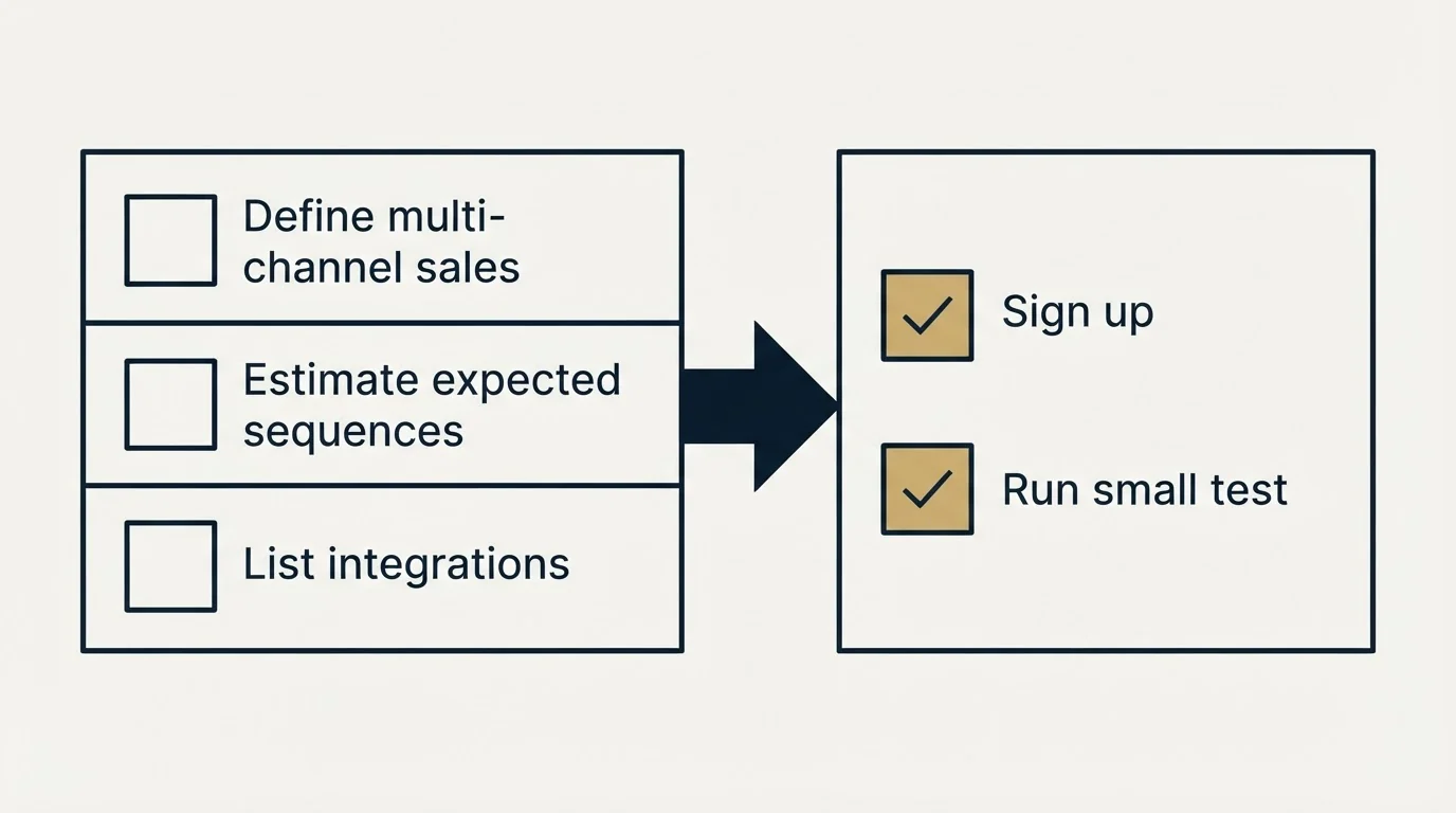 Before-and-after steps: Getting Started Checklist (Define multi-channel sales, Estimate expected sequences, List integrations, Sign up)