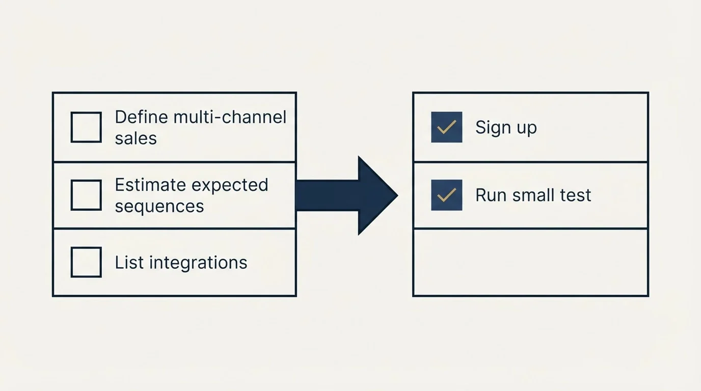 Before-and-after steps: Getting Started Checklist (Define multi-channel sales, Estimate expected sequences, List integrations, Sign up)