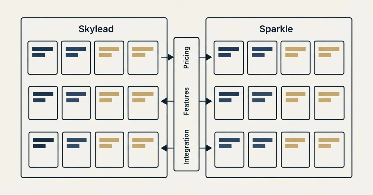 Comparison panel: Skylead vs Sparkle (Pricing, Features, Integration)