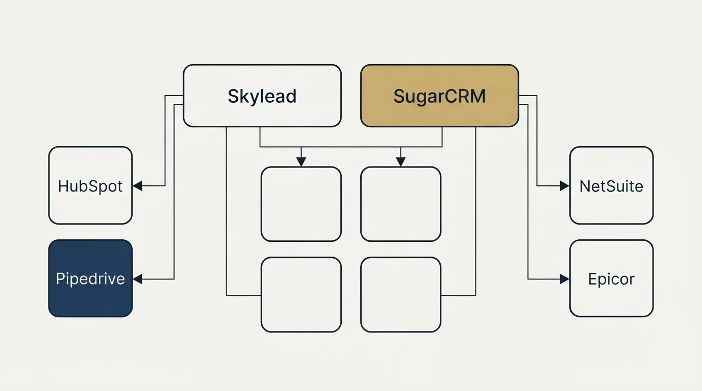 Integration grid: Integration Ecosystem (Skylead, SugarCRM, HubSpot, NetSuite)