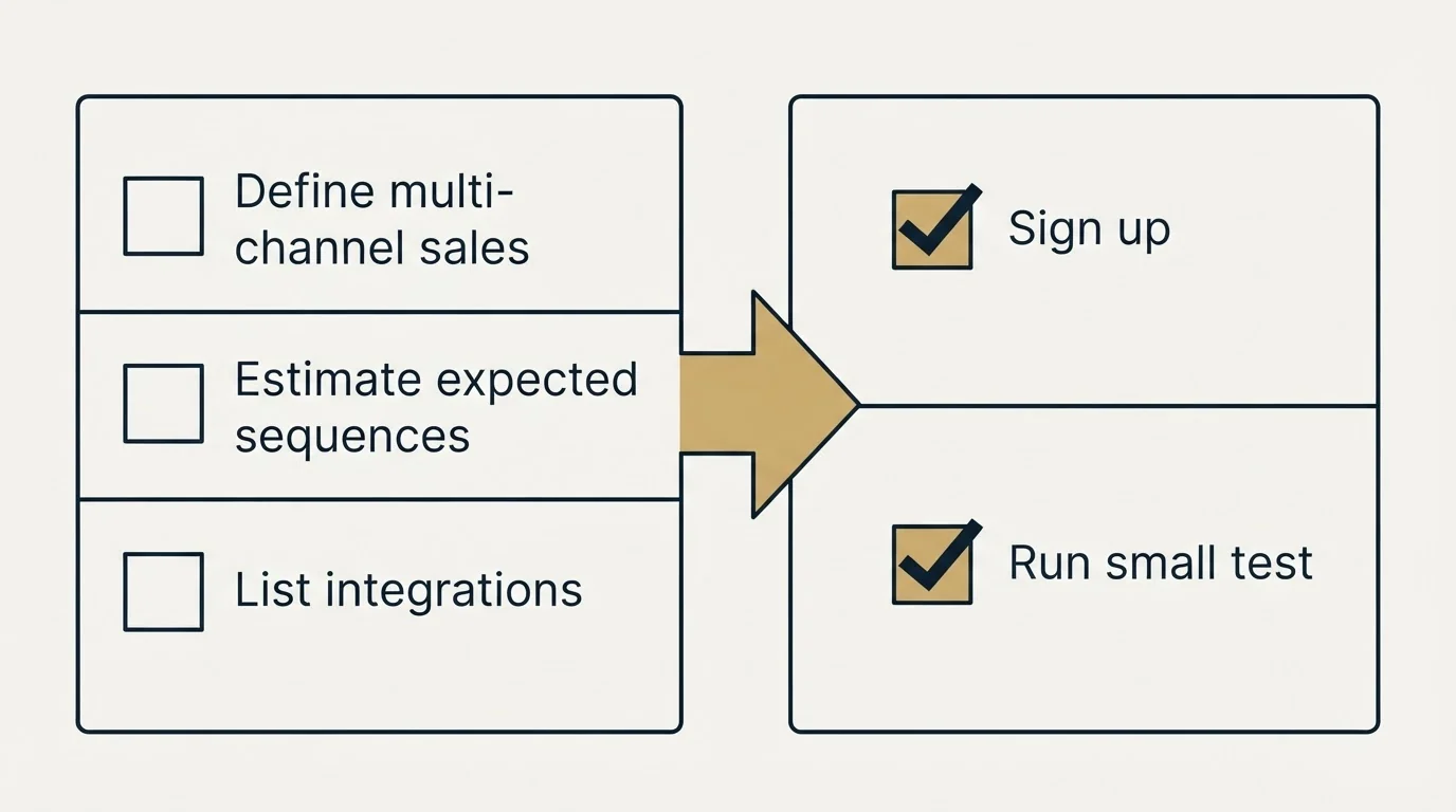 Before-and-after steps: Getting Started Checklist (Define multi-channel sales, Estimate expected sequences, List integrations, Sign up)