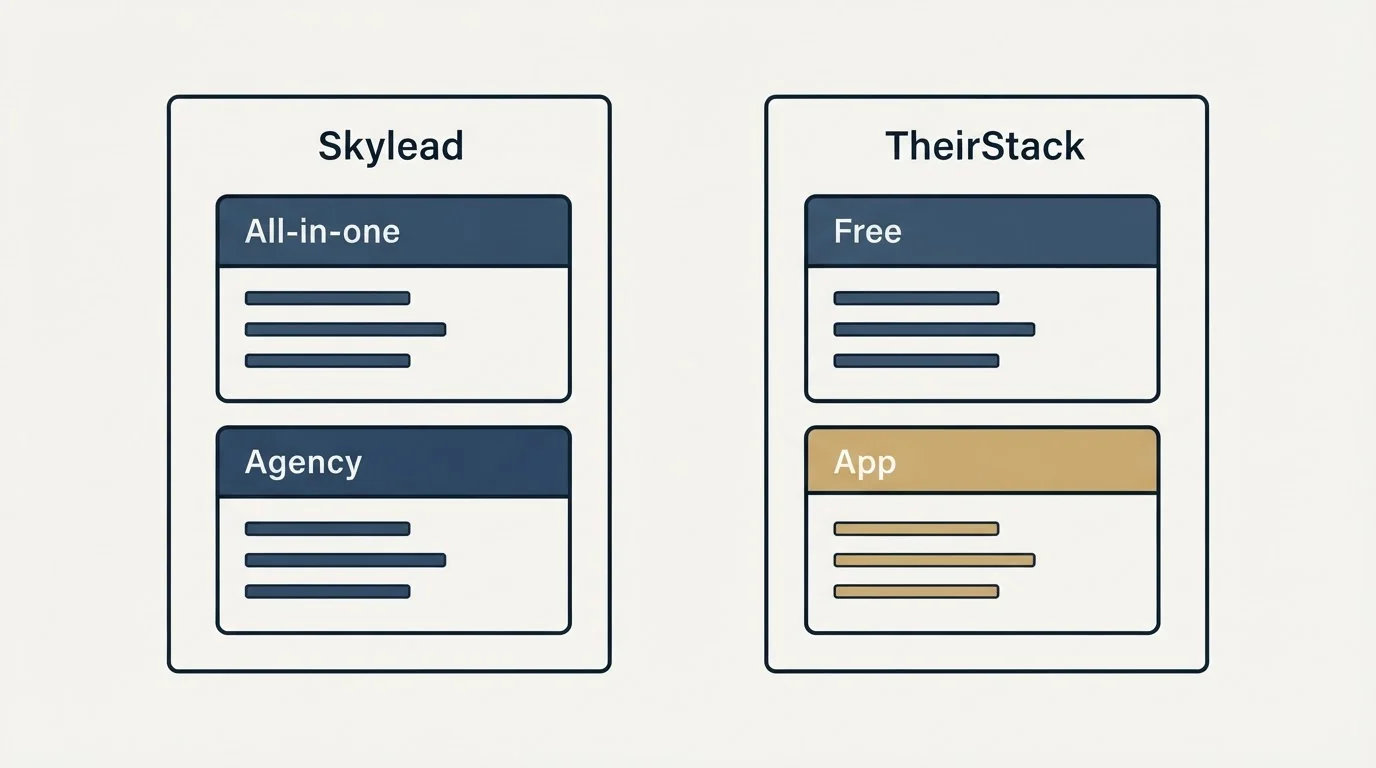Pricing panels: Pricing Comparison (Skylead, TheirStack, All-in-one, Free)