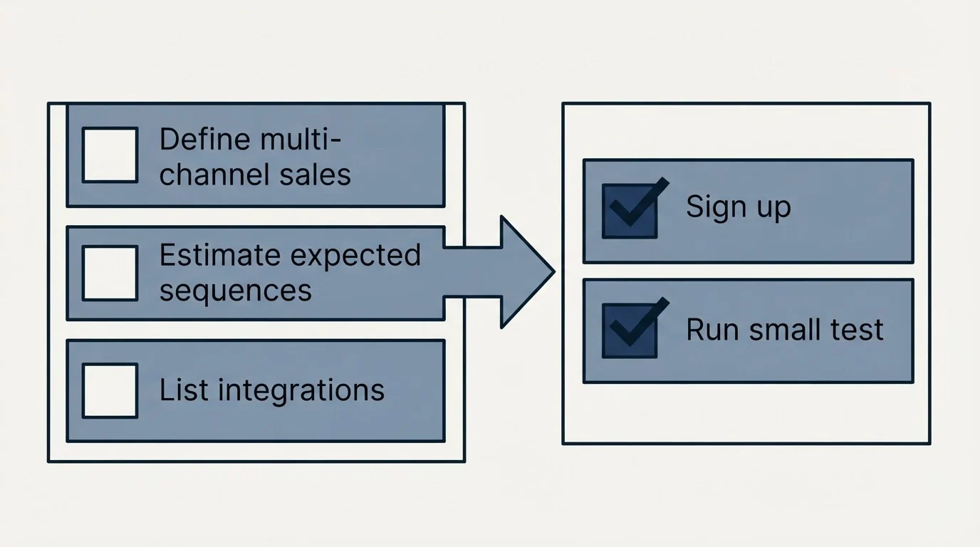 Before-and-after steps: Getting Started Checklist (Define multi-channel sales, Estimate expected sequences, List integrations, Sign up)