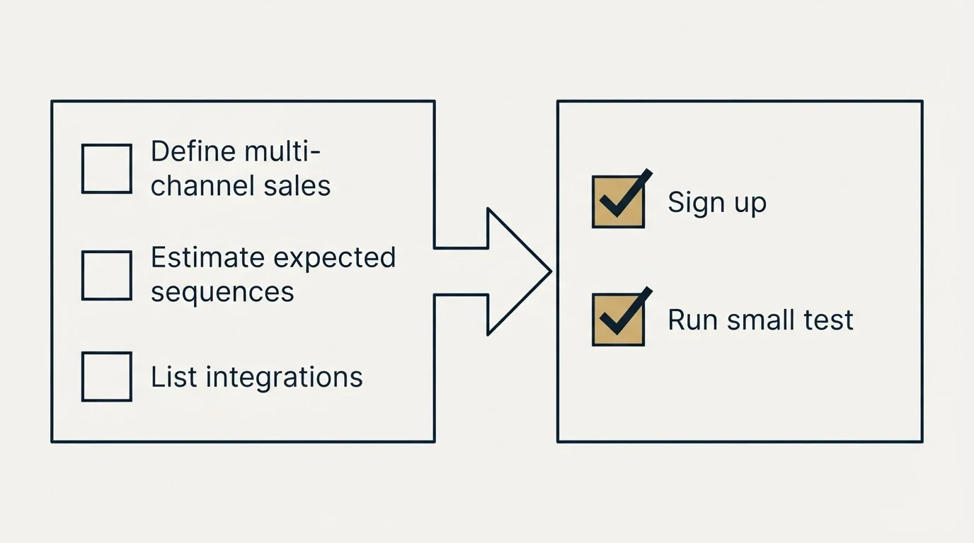 Before-and-after steps: Getting Started Checklist (Define multi-channel sales, Estimate expected sequences, List integrations, Sign up)