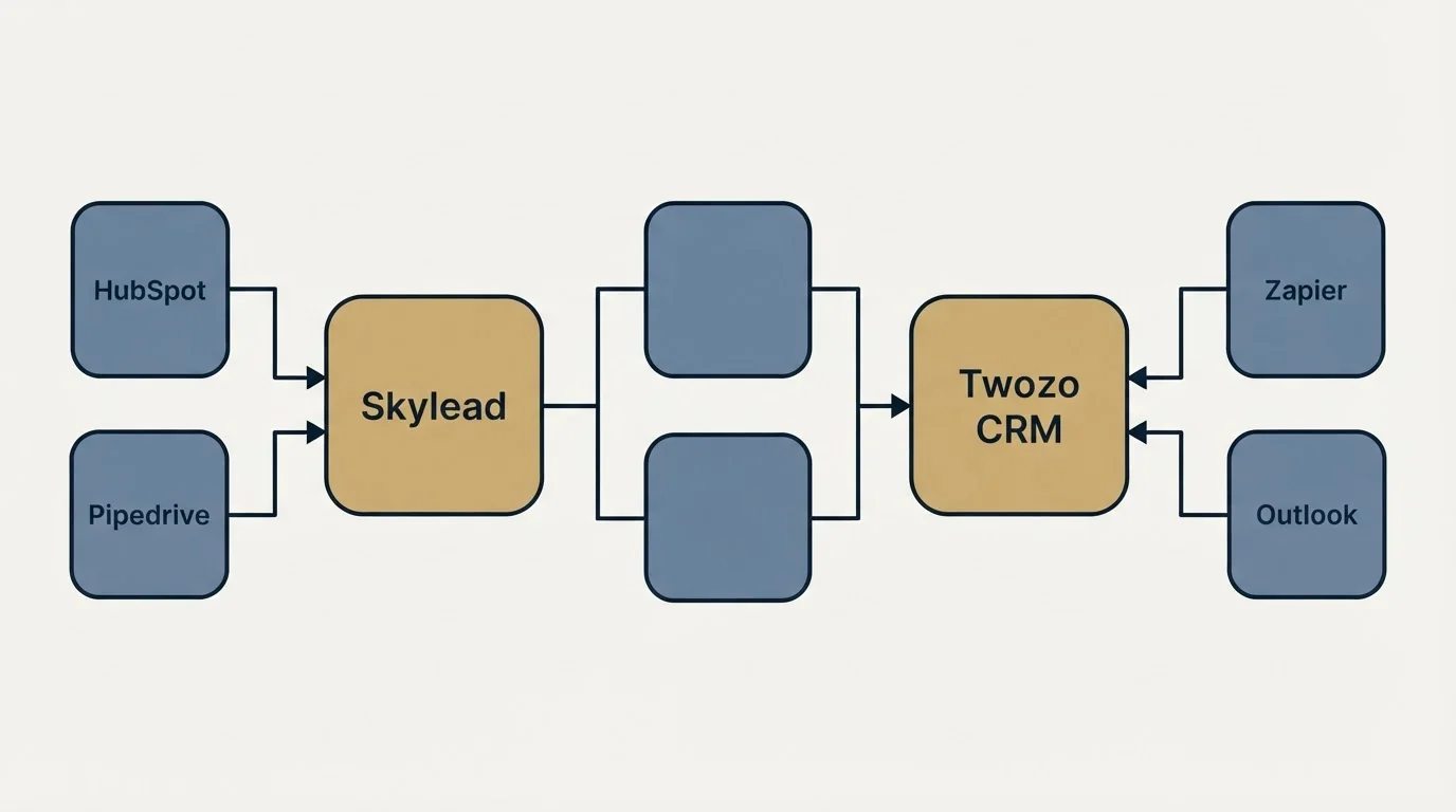 Integration flow: Integration Ecosystem (Skylead, Twozo CRM, HubSpot, Zapier)