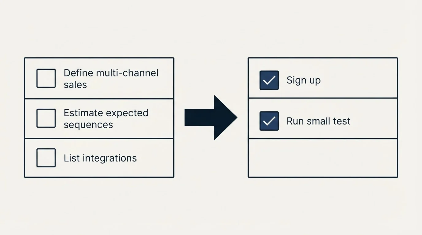 Before-and-after steps: Getting Started Checklist (Define multi-channel sales, Estimate expected sequences, List integrations, Sign up)