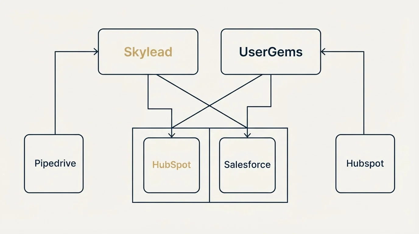 Integration grid: Integration Ecosystem (Skylead, UserGems, HubSpot, Salesforce)
