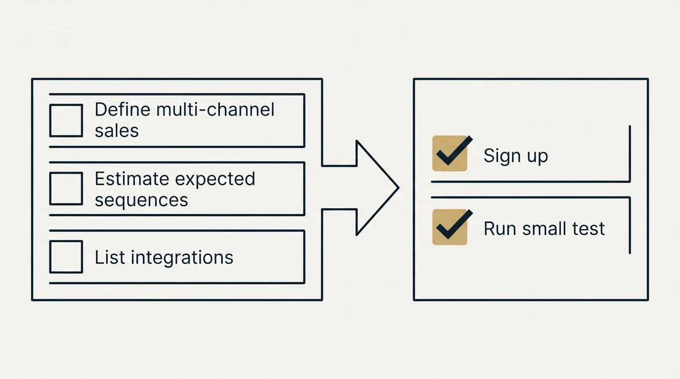 Before-and-after steps: Getting Started Checklist (Define multi-channel sales, Estimate expected sequences, List integrations, Sign up)