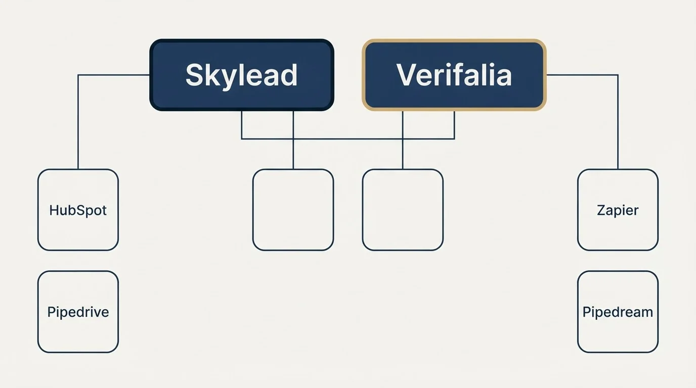 Integration grid: Integration Ecosystem (Skylead, Verifalia, HubSpot, Zapier)