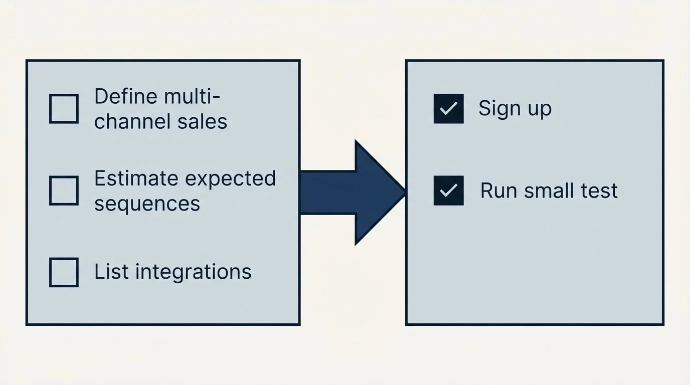 Before-and-after steps: Getting Started Checklist (Define multi-channel sales, Estimate expected sequences, List integrations, Sign up)