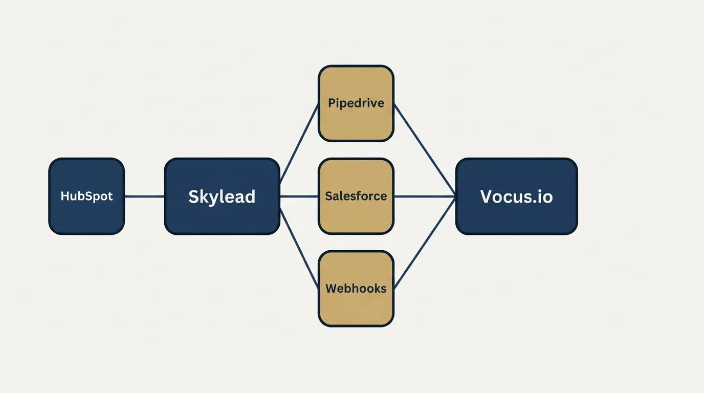 Integration schematic: Integration Ecosystem (Skylead, Vocus.io, Pipedrive, Salesforce)