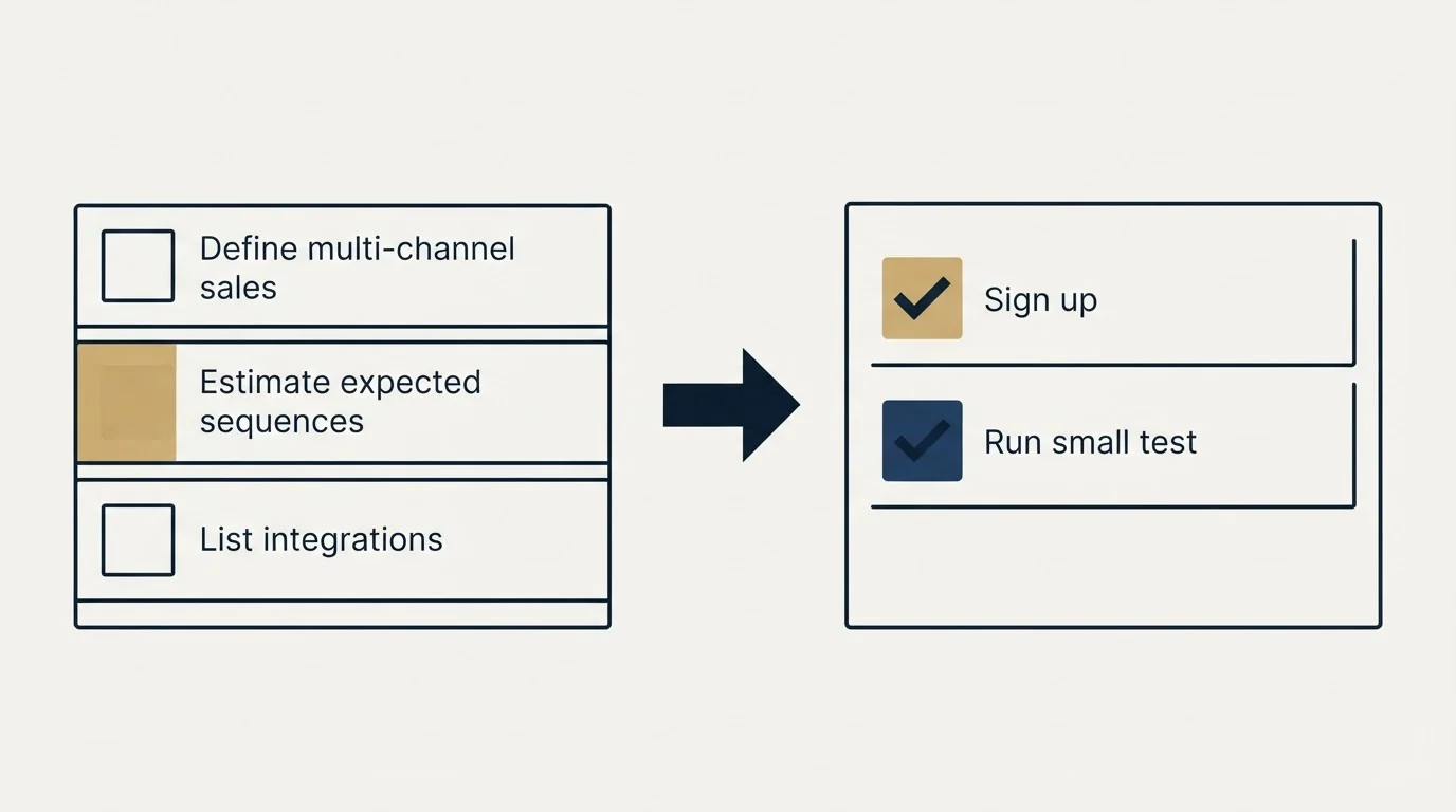 Before-and-after steps: Getting Started Checklist (Define multi-channel sales, Estimate expected sequences, List integrations, Sign up)