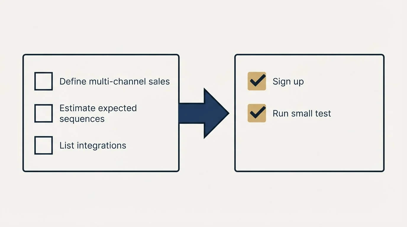Before-and-after steps: Getting Started Checklist (Define multi-channel sales, Estimate expected sequences, List integrations, Sign up)