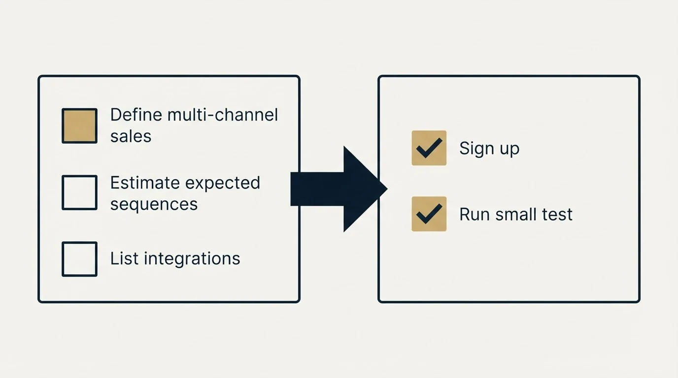Before-and-after steps: Getting Started Checklist (Define multi-channel sales, Estimate expected sequences, List integrations, Sign up)