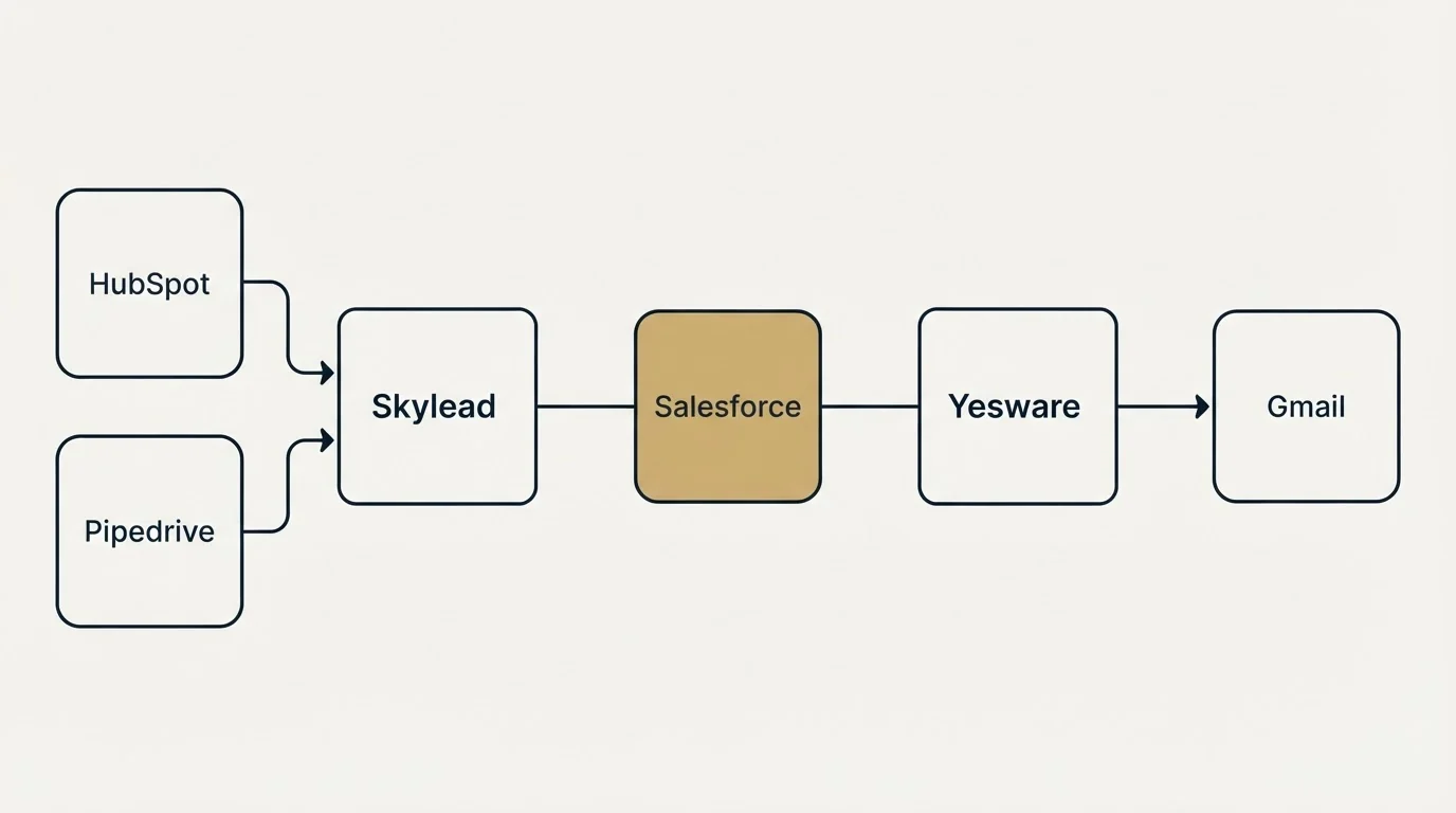 Integration schematic: Integration Ecosystem (Skylead, Yesware, Salesforce, HubSpot)