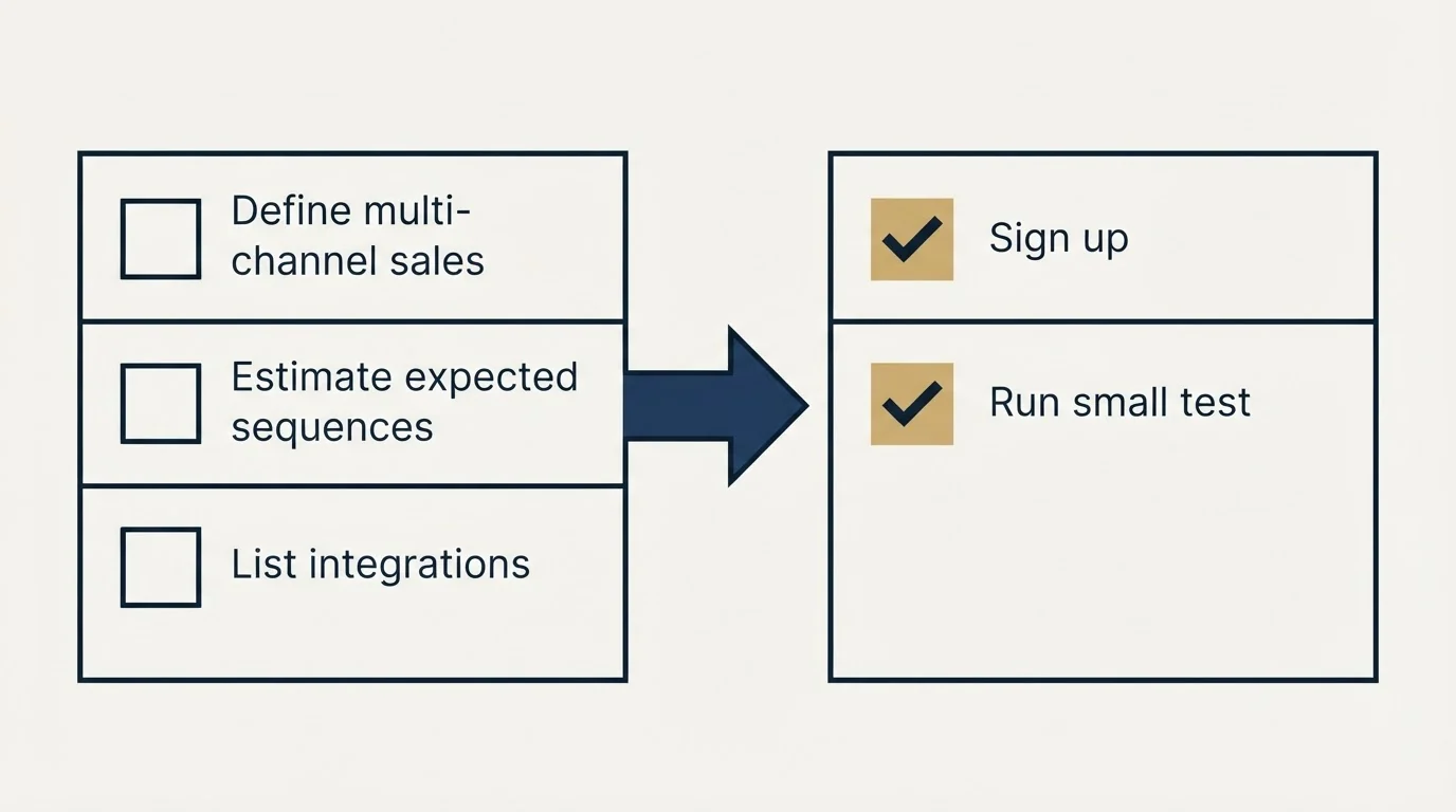 Before-and-after steps: Getting Started Checklist (Define multi-channel sales, Estimate expected sequences, List integrations, Sign up)