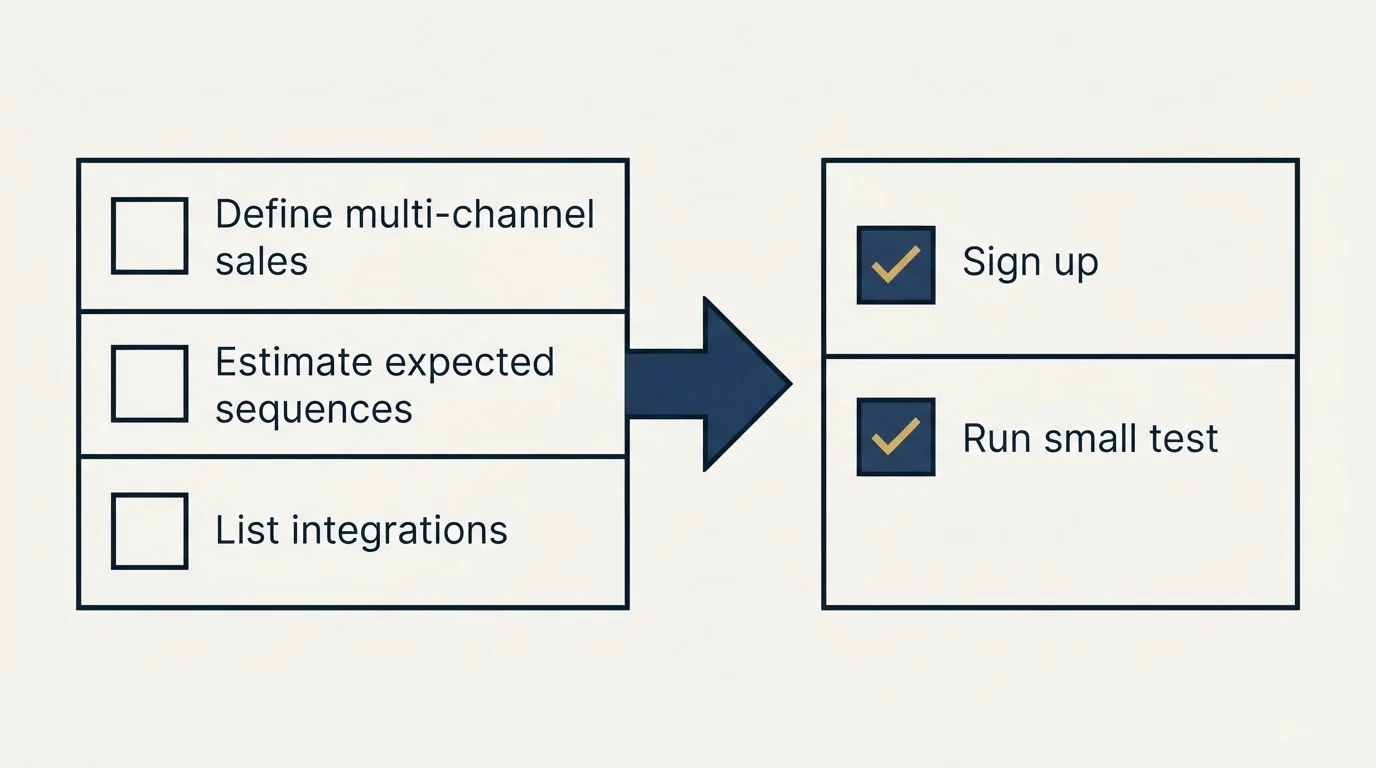Before-and-after steps: Getting Started Checklist (Define multi-channel sales, Estimate expected sequences, List integrations, Sign up)