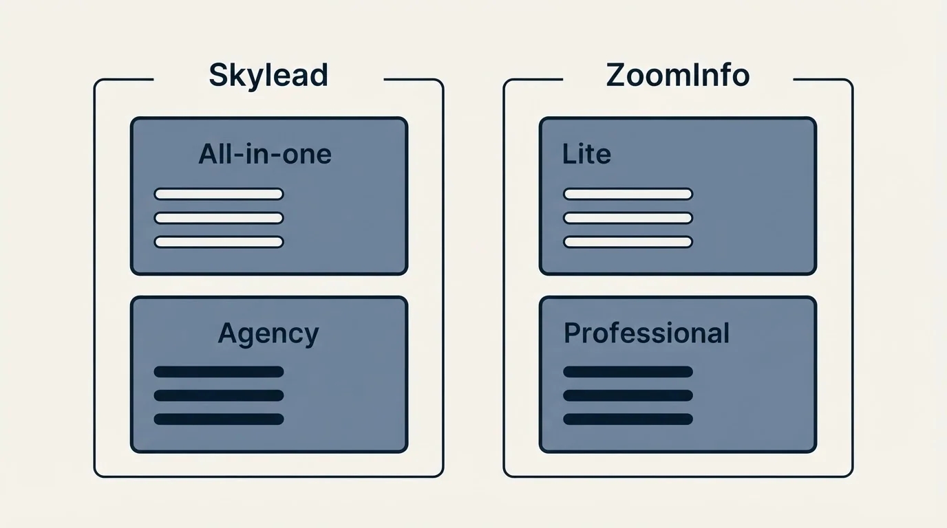 Pricing panels: Pricing Comparison (Skylead, ZoomInfo, All-in-one, Lite)