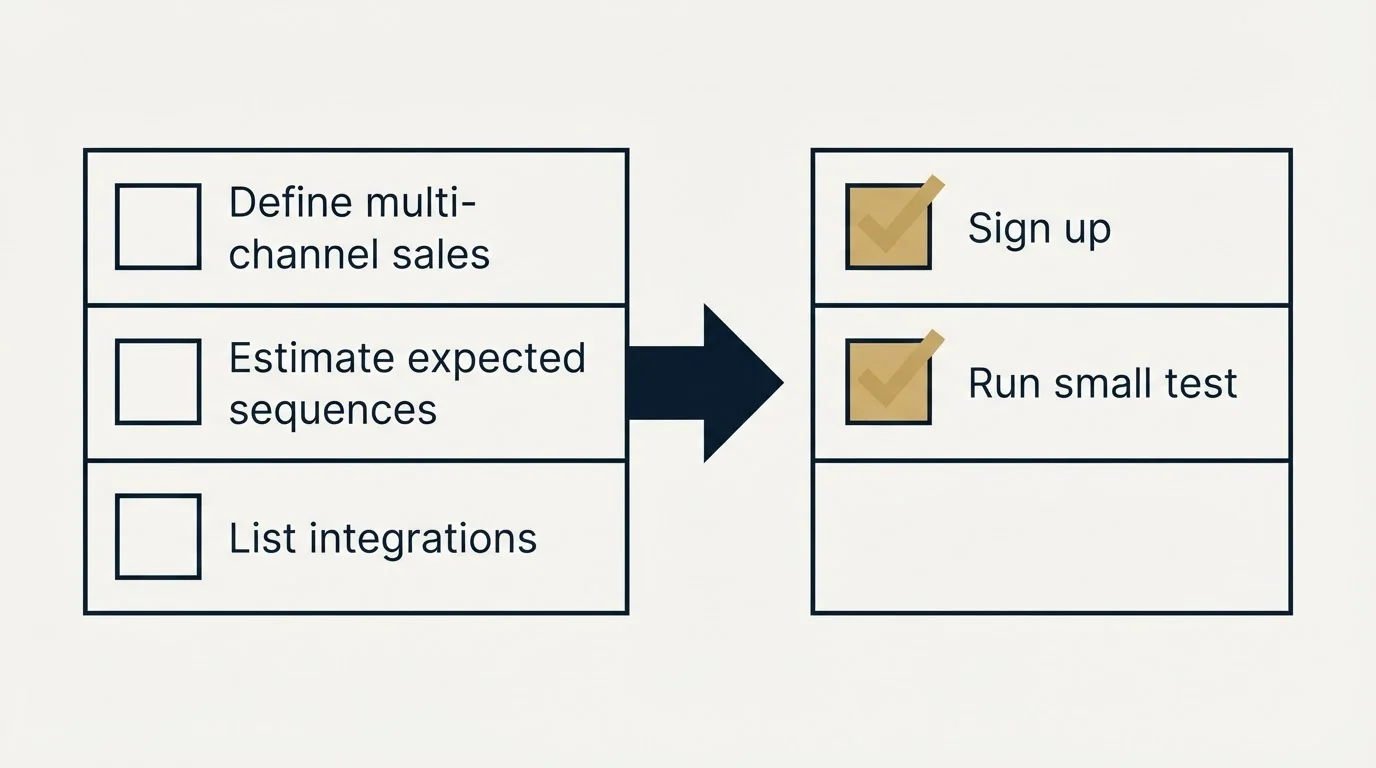 Before-and-after steps: Getting Started Checklist (Define multi-channel sales, Estimate expected sequences, List integrations, Sign up)