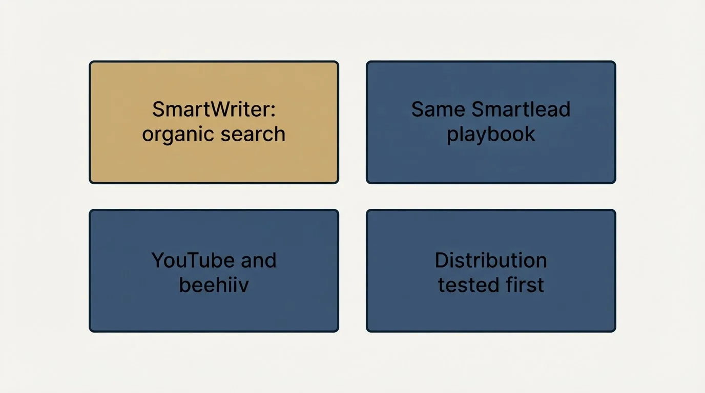 Schematic: An SEO engine carried over from the last company (SmartWriter: organic search, Same Smartlead playbook, YouTube and beehiiv, Distribution tested first)