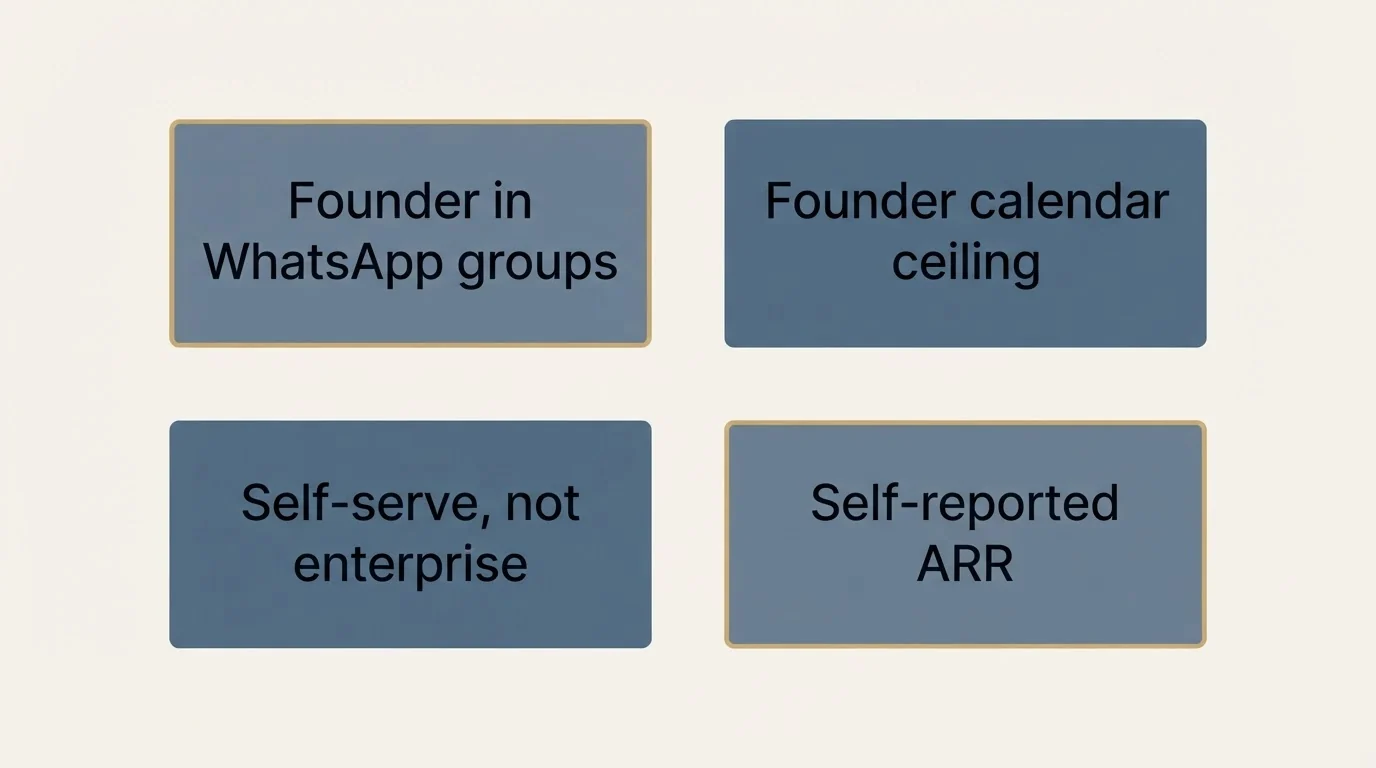 Schematic: The caveat that decides whether you can copy this (Founder in WhatsApp groups, Founder calendar ceiling, Self-serve, not enterprise, Self-reported ARR)