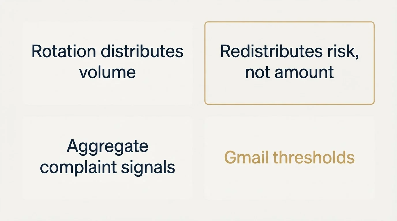 Schematic: Inbox rotation, and what it does not do (Rotation distributes volume, Redistributes risk, not amount, Aggregate complaint signals, Gmail thresholds)