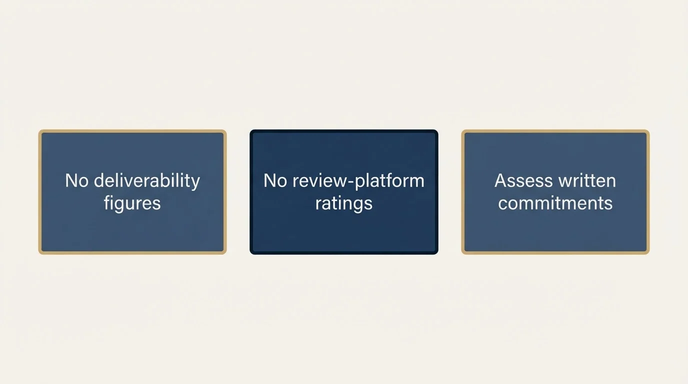 Schematic: What we cannot tell you (No deliverability figures, No review-platform ratings, Assess written commitments)