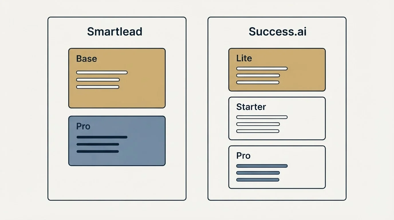 Pricing panels: Pricing Comparison (Smartlead, Success.ai, Base, Lite)