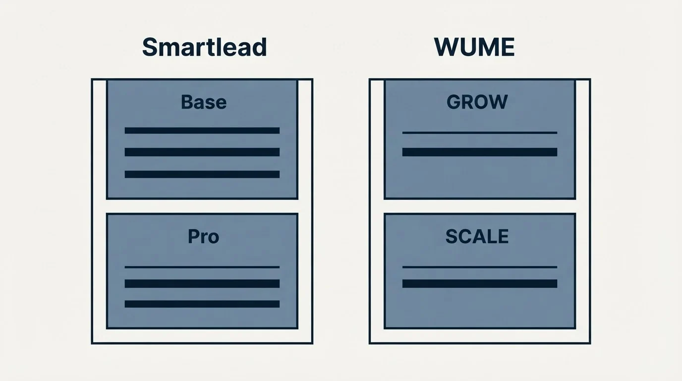 Pricing panels: Pricing Comparison (Smartlead, WUME, Base, GROW)
