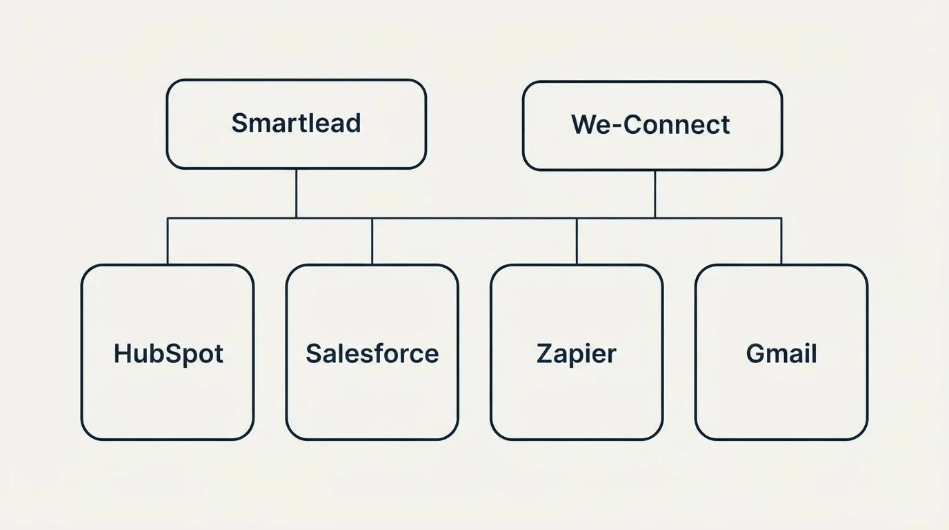 Integration grid: Integration Ecosystem (Smartlead, We-Connect, HubSpot, Salesforce)