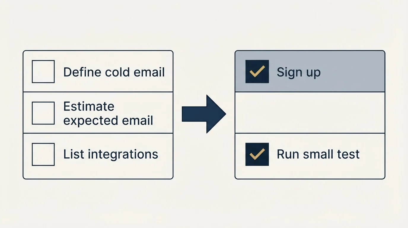 Before-and-after steps: Getting Started Checklist (Define cold email, Estimate expected email, List integrations, Sign up)